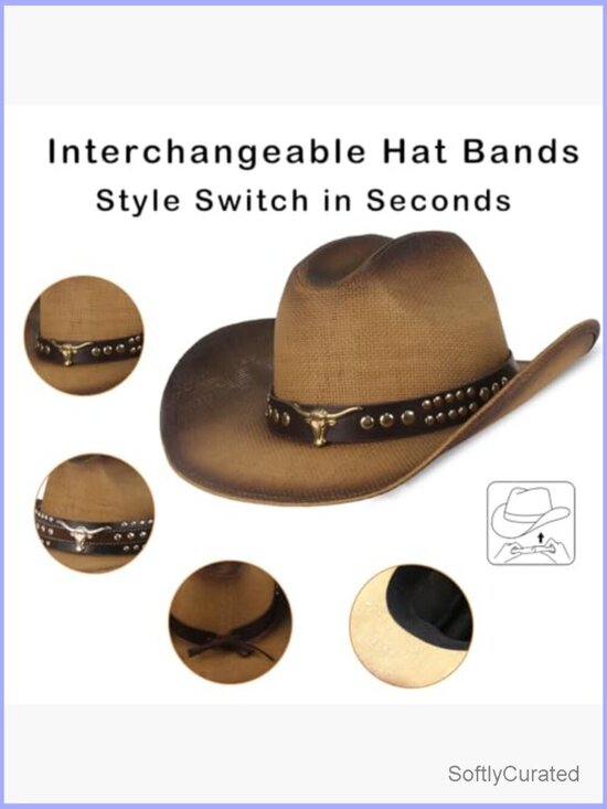 Western Cowboy Hat with Interchangeable Bands Wide Brim Sun Hat main image 7